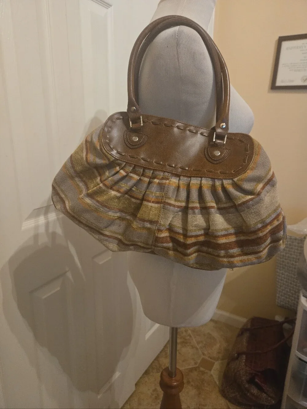 Woven Striped Tote Bag with Brown Leather Trim, Made In Italy